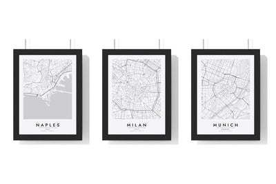 Build Your Own City Map Set - set of Naples Street Map Poster, Milan Street Map Poster, Munich Street Map Poster