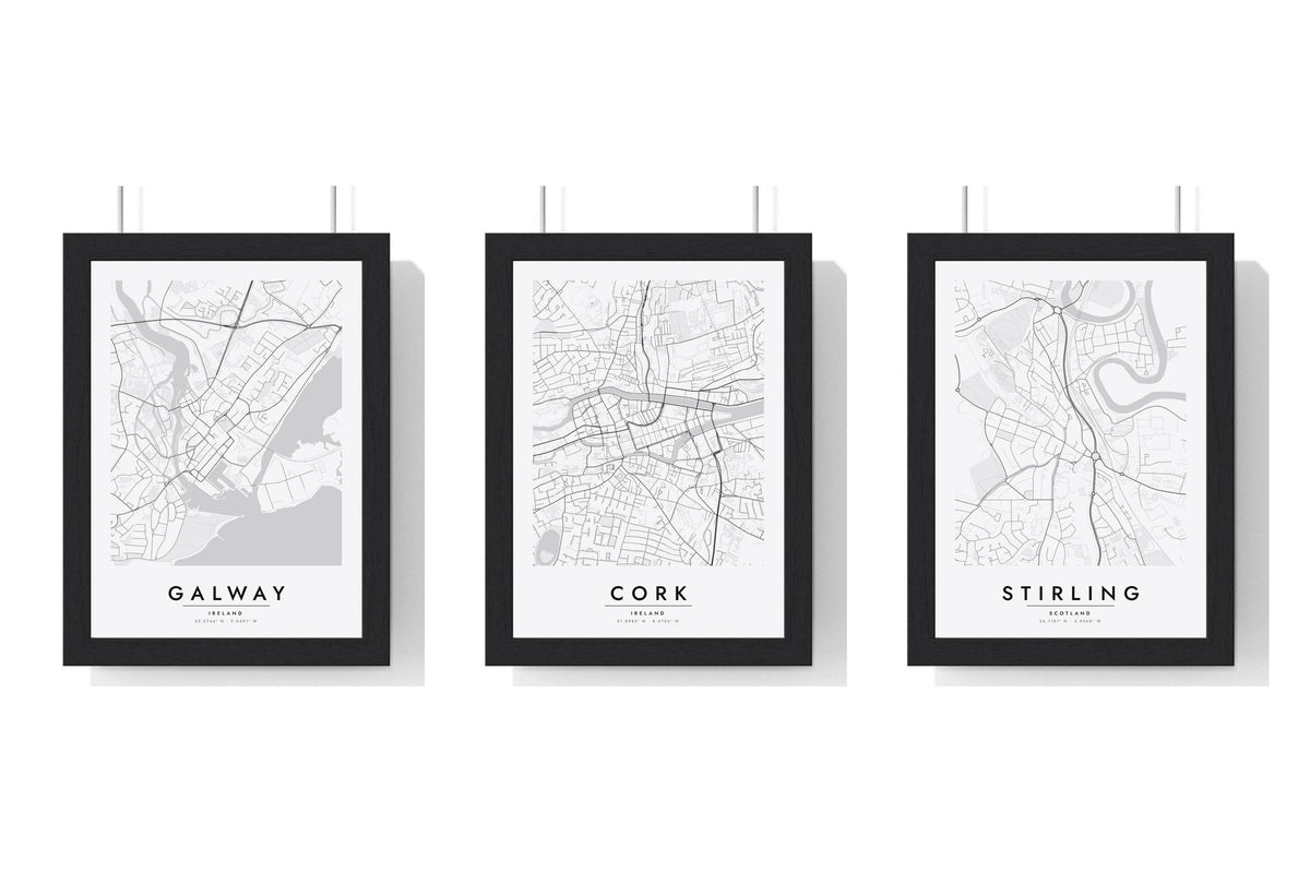 Build Your Own City Map Set - set of Galway Street Map Poster, Cork Street Map Poster, Stirling Street Map Poster