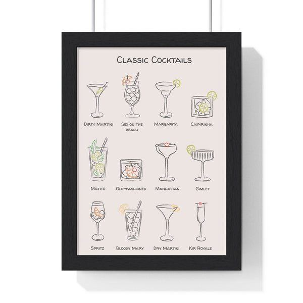 Classic cocktail chart wall art framed print featuring illustrated drinks including Martini, Mojito and Old Fashioned