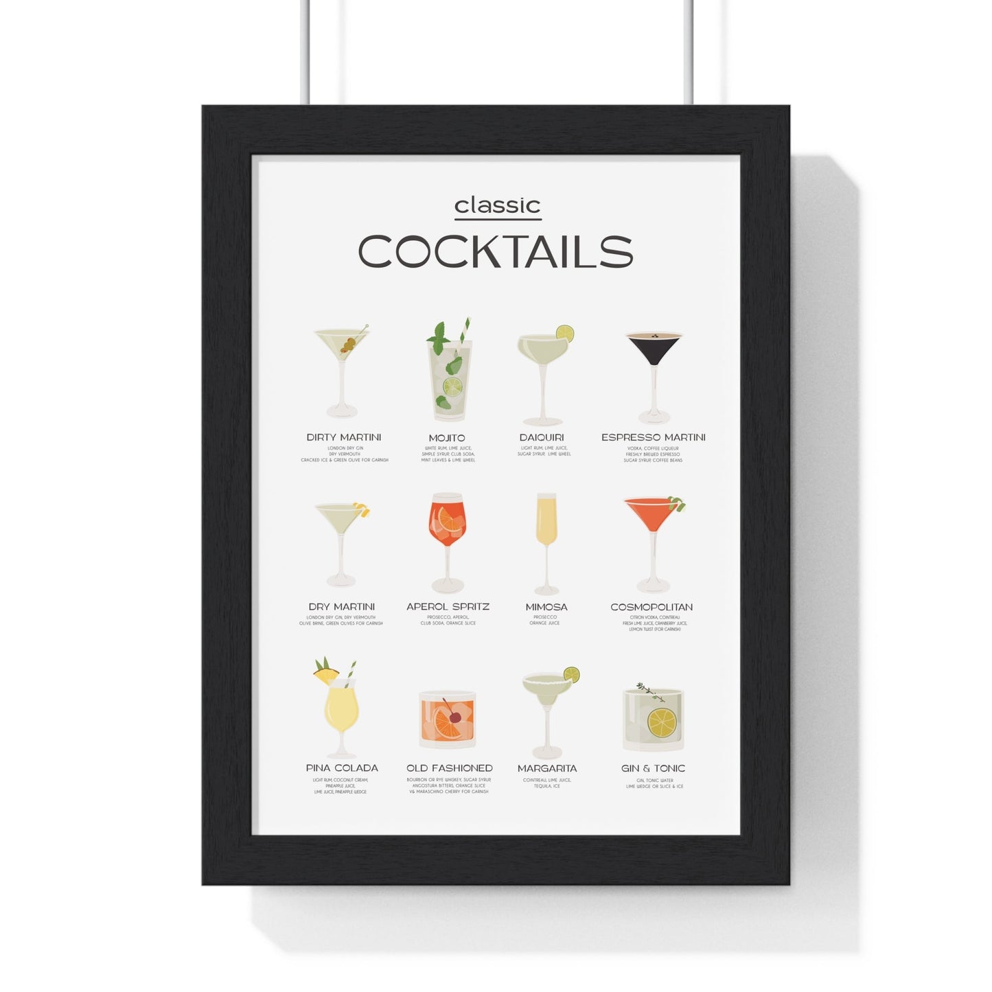 Framed Classic Cocktail Chart - Home Bar Drinks Guide print