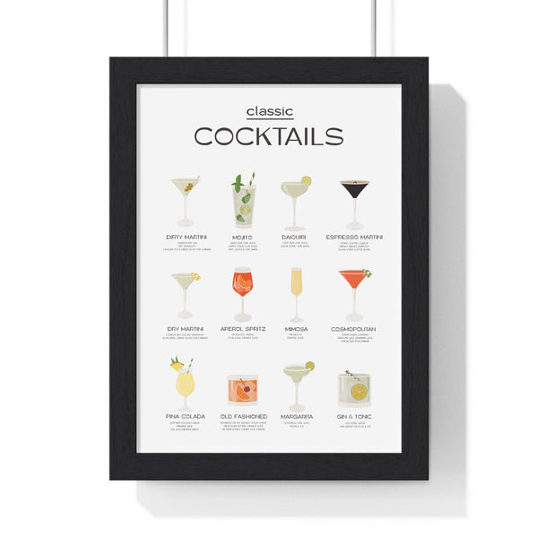 Classic cocktail chart wall art print framed – home bar drinks guide poster