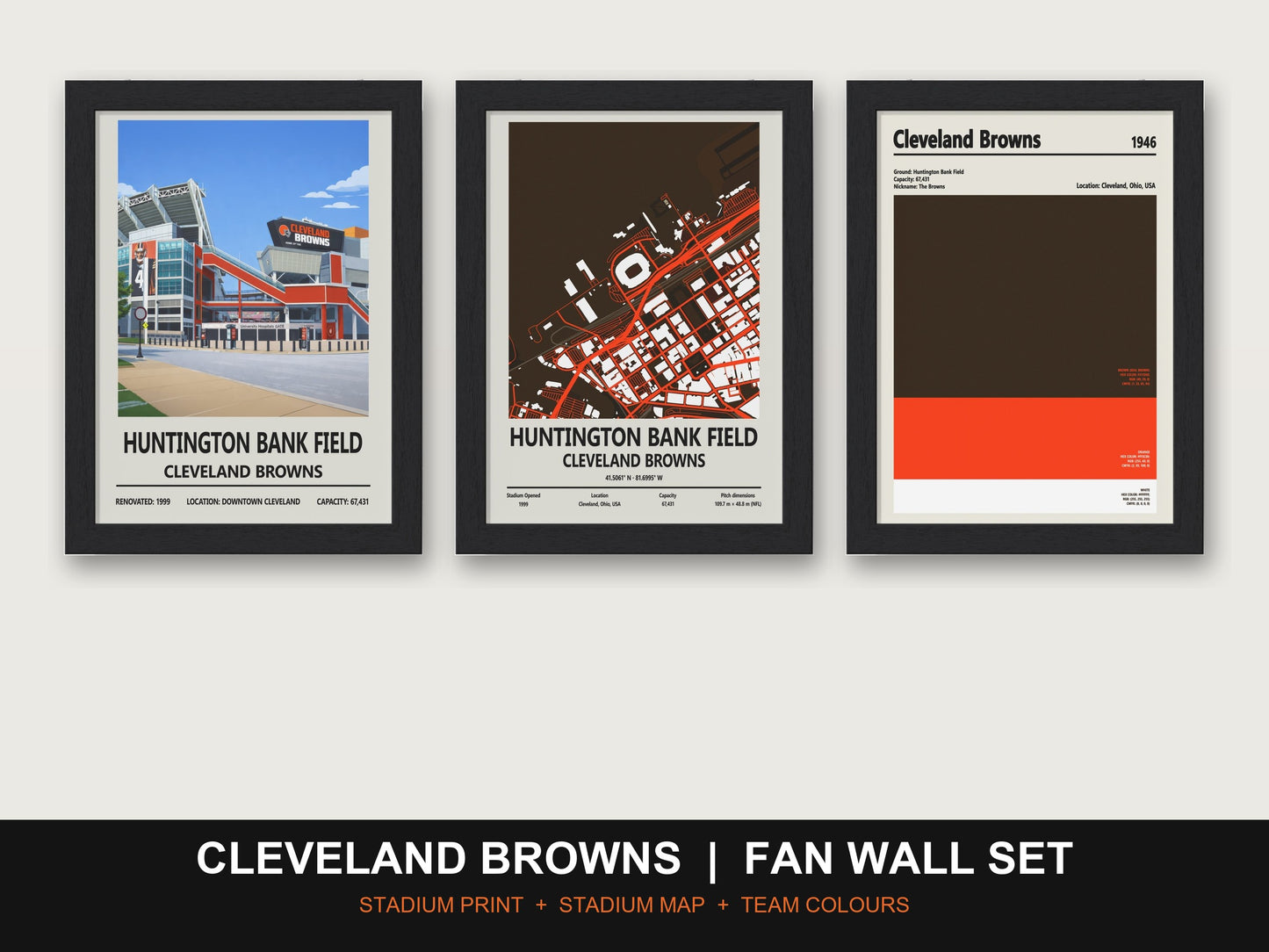 Cleveland Browns Fan Wall Set | Huntington Bank Field Print, Stadium Map & Team Colours