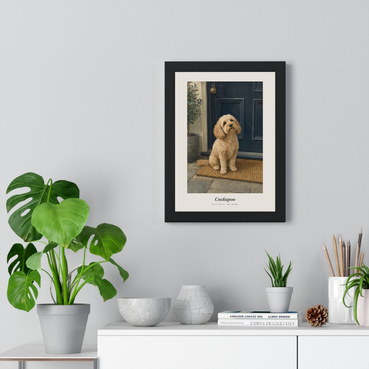 Cockapoo Print framed on a living room wall