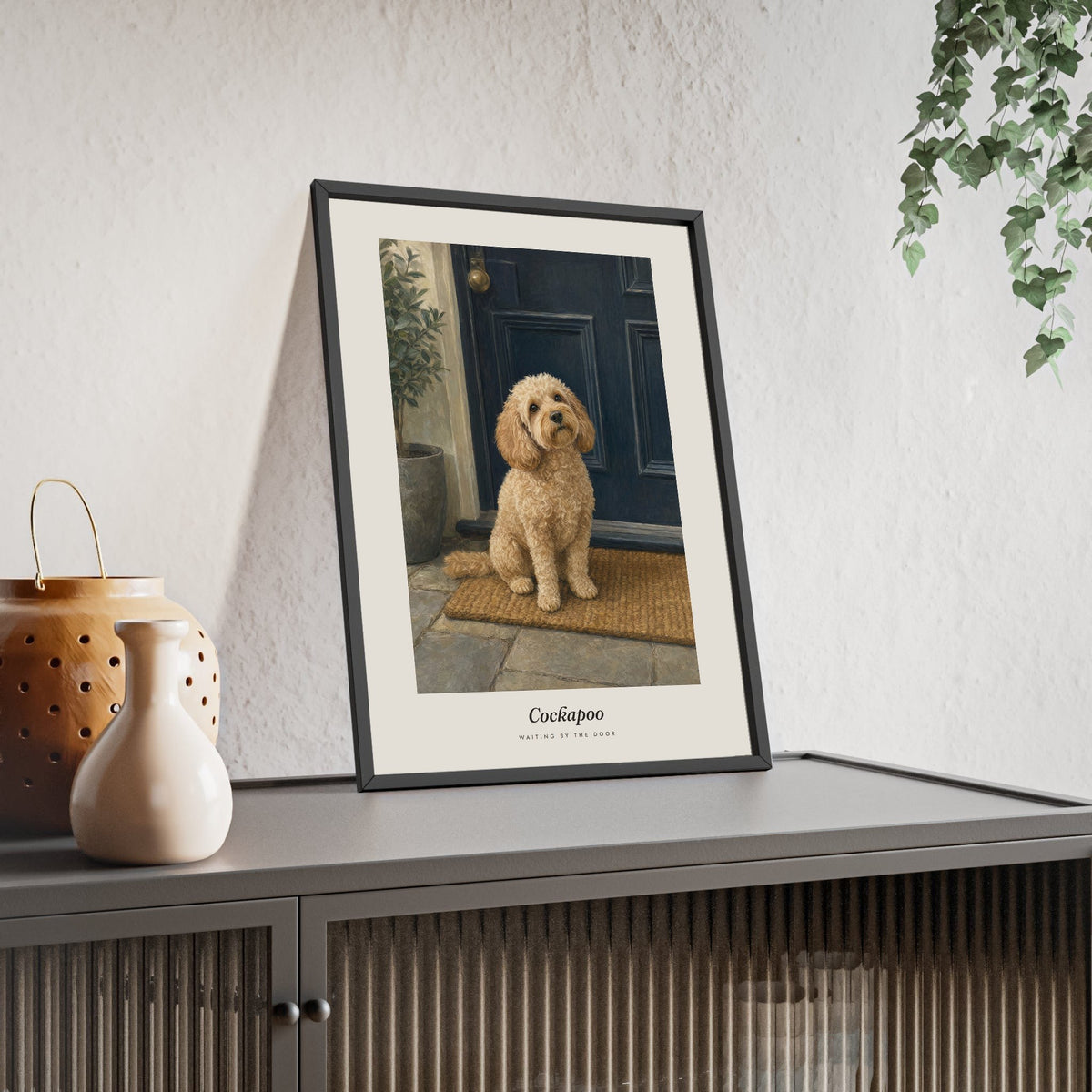 Cockapoo Print framed and leaning on a sideboard