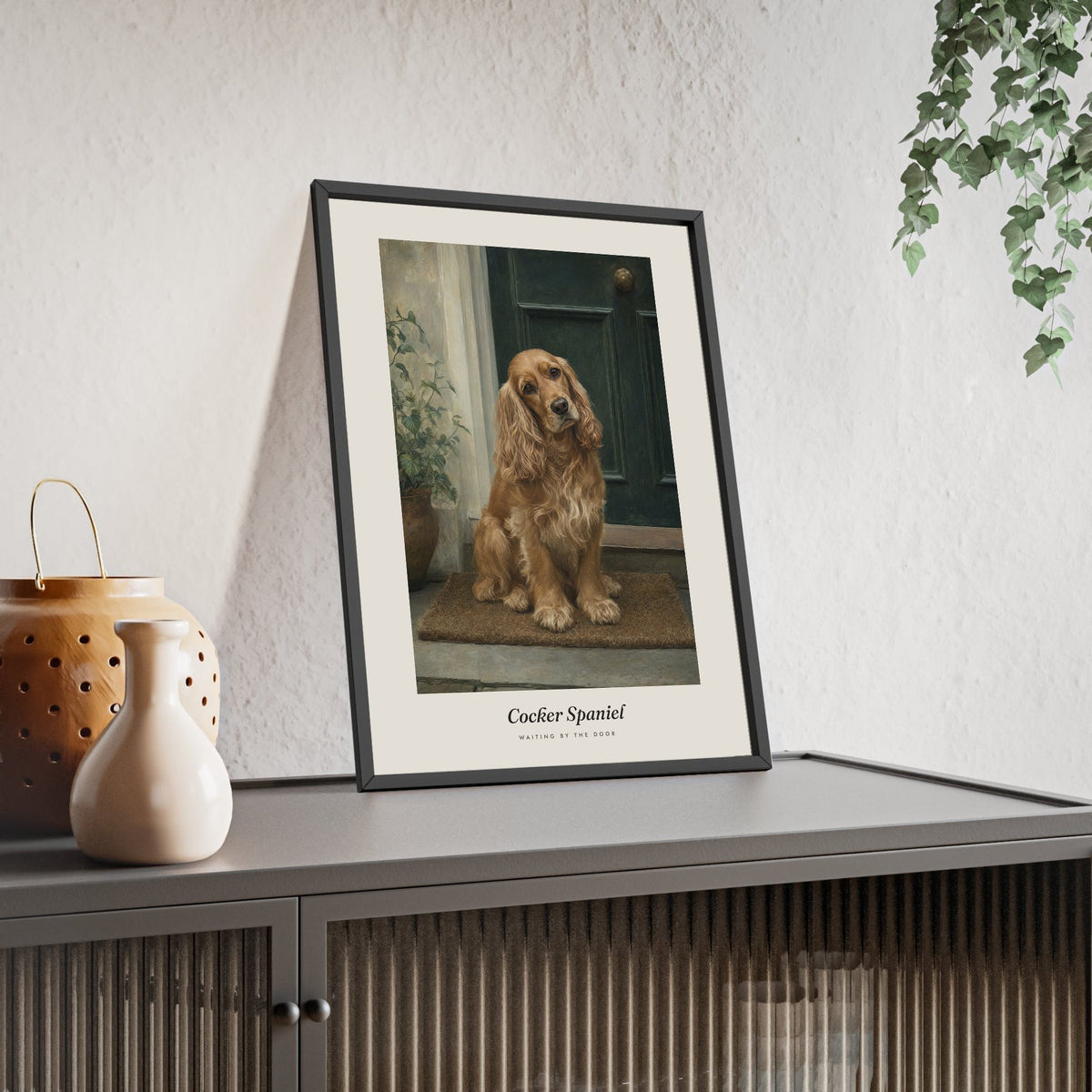Cocker Spaniel Print framed and leaning on a sideboard