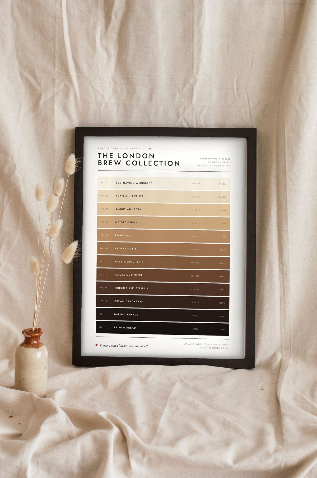 Cockney Brew Colour Chart in a black frame propped up on linen