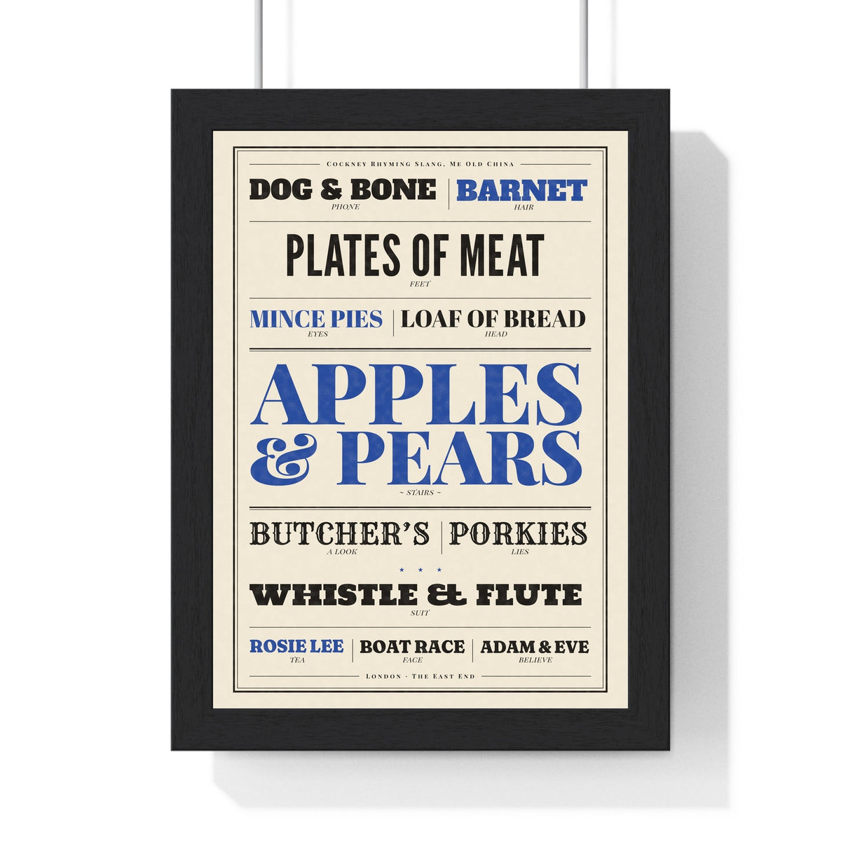 Cockney Rhyming Slang Letterpress Print in a black frame, one of the three prints in the Cockney set