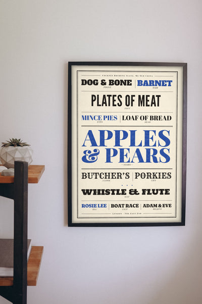 Cockney Rhyming Slang Poster framed on a wall