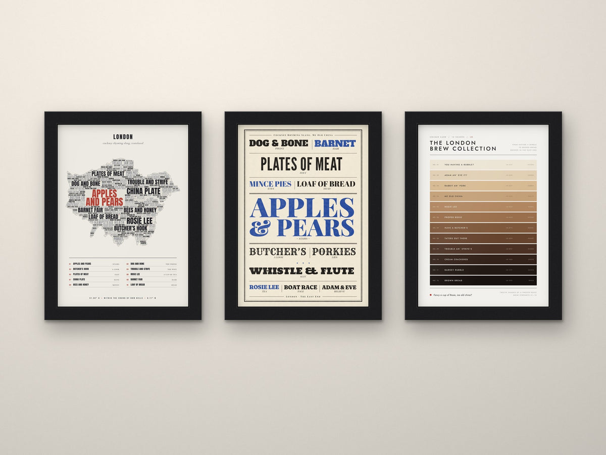 Cockney Sayings Set of 3 Prints framed side by side on a wall