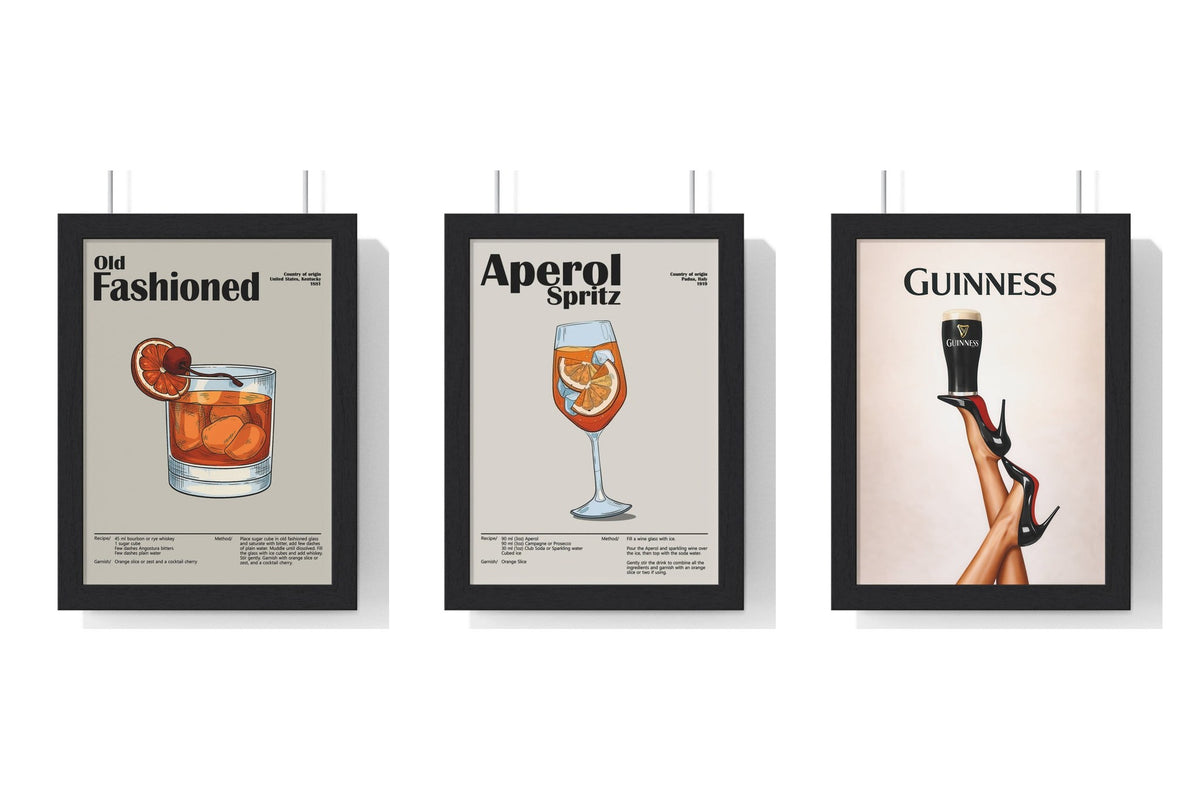 Build Your Own Cocktail Poster Set - set of Old Fashioned Cocktail Poster – Vintage Whiskey Drink Print – Framed or Unframed, Aperol Spritz Cocktail Poster – Modern Bar Wall Art – Framed or Unframed, Guinness Beer Fashion Wall Art – Home Bar Decor Pr