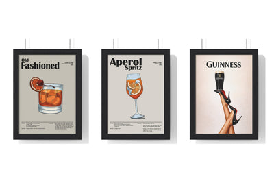 Build Your Own Cocktail Poster Set - set of Old Fashioned Cocktail Poster – Vintage Whiskey Drink Print – Framed or Unframed, Aperol Spritz Cocktail Poster – Modern Bar Wall Art – Framed or Unframed, Guinness Beer Fashion Wall Art – Home Bar Decor Pr