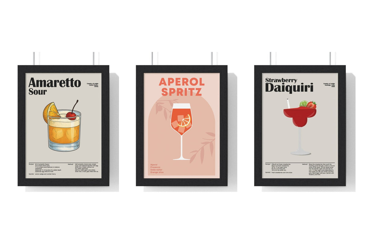 Build Your Own Cocktail Poster Set - set of Amaretto Sour Cocktail Poster – Classic Bar Drink Wall Art – Framed or Unframed, Aperol Spritz Wall Art – Minimalist Cocktail Print For Home Bar Decor, Strawberry Daiquiri Cocktail Poster – Bold Drink Wall 