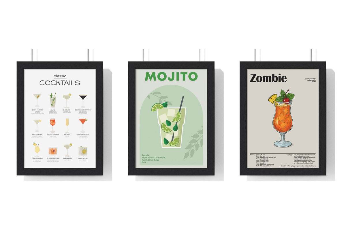 Build Your Own Cocktail Poster Set - set of Classic Cocktail Chart Wall Art – Home Bar Drinks Guide Print, Mojito Cocktail Wall Art – Home Bar Decor Print, Zombie Cocktail Poster – Bold Tiki Bar Wall Art – Framed or Unframed