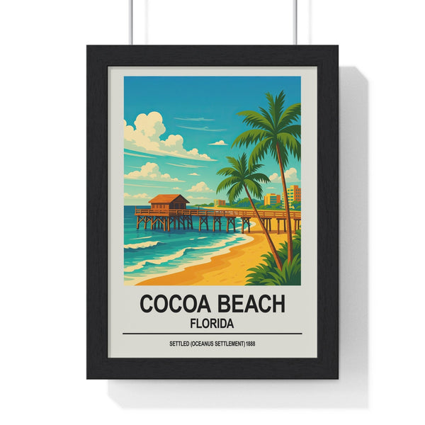 Framed Cocoa Beach Florida vintage travel poster on living room wall showing iconic pier and turquoise Atlantic waves