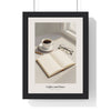 Coffee and Notebook Print - Home Office Wall Art framed in a black frame, ready to hang
