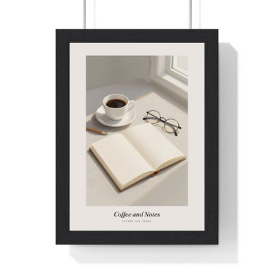 Coffee and Notebook Print - Home Office Wall Art framed in a black frame, ready to hang