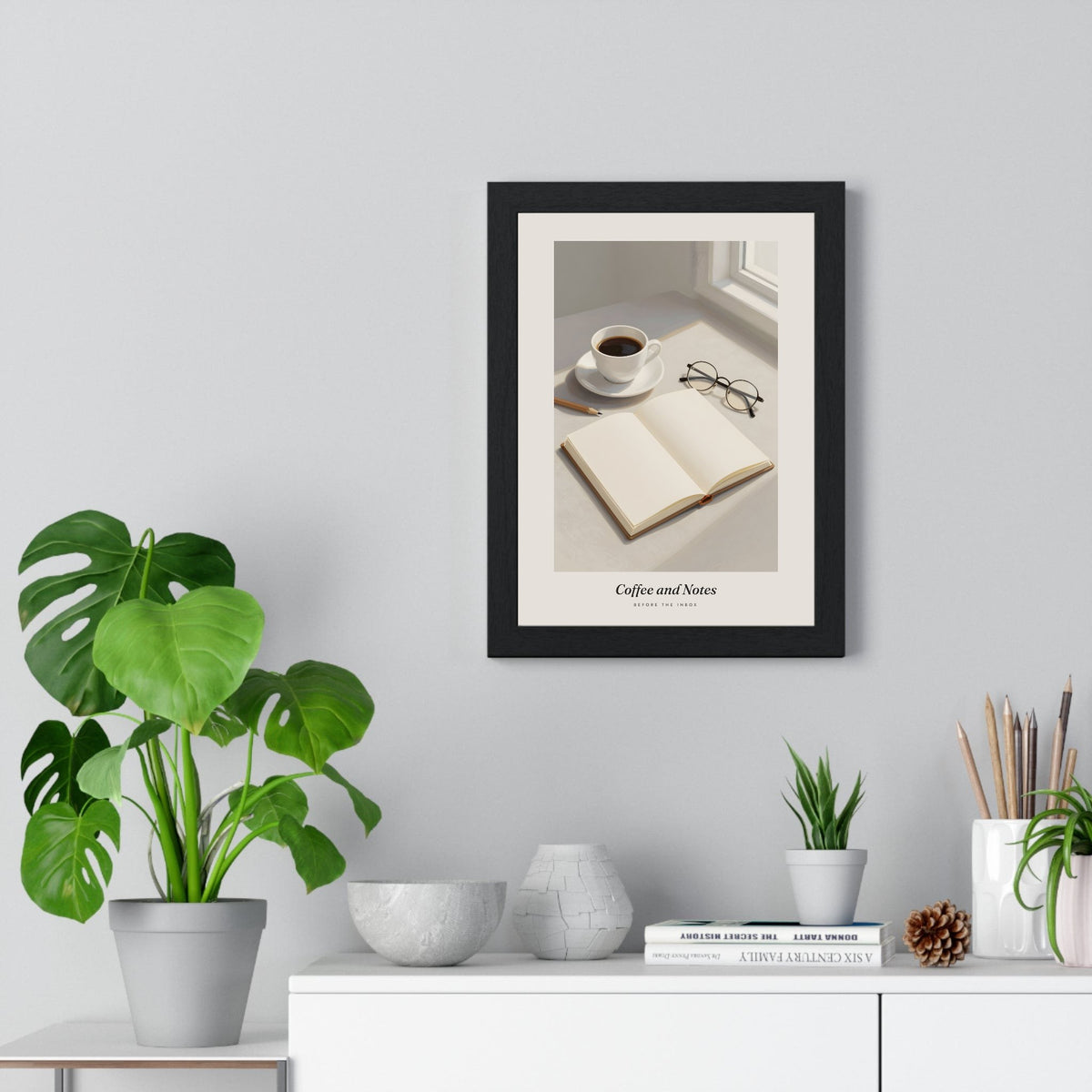 Coffee and Notebook Print - Home Office Wall Art framed on a living room wall