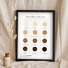 Coffee Colour Chart in a black frame propped up on linen