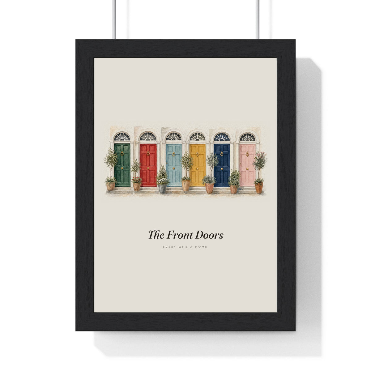 Colourful Front Doors Print framed in a black frame, ready to hang