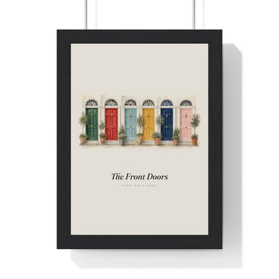 Colourful Front Doors Print framed in a black frame, ready to hang