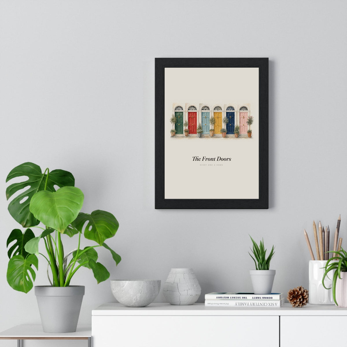 Colourful Front Doors Print framed on a living room wall