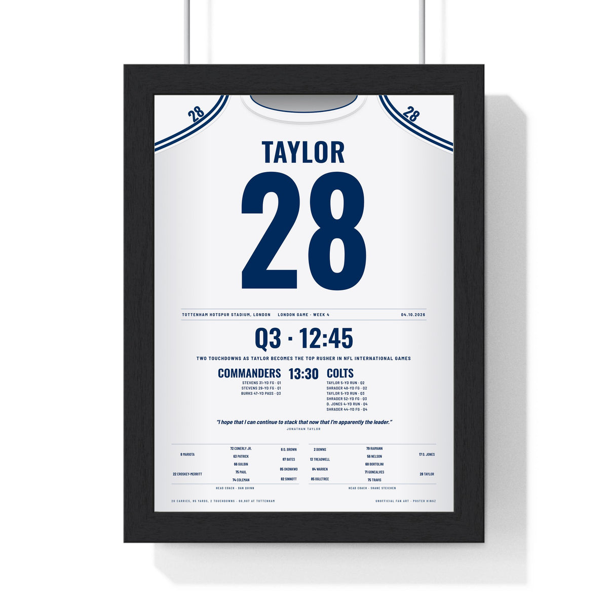 Indianapolis Colts London 2026 Poster - Jonathan Taylor 28 Tottenham v Commanders Jersey Print framed in a black frame, ready to hang