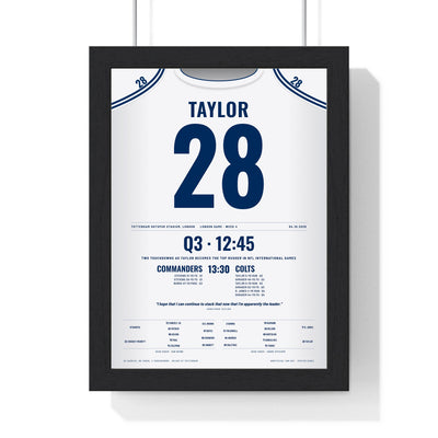 Indianapolis Colts London 2026 Poster - Jonathan Taylor 28 Tottenham v Commanders Jersey Print framed in a black frame, ready to hang