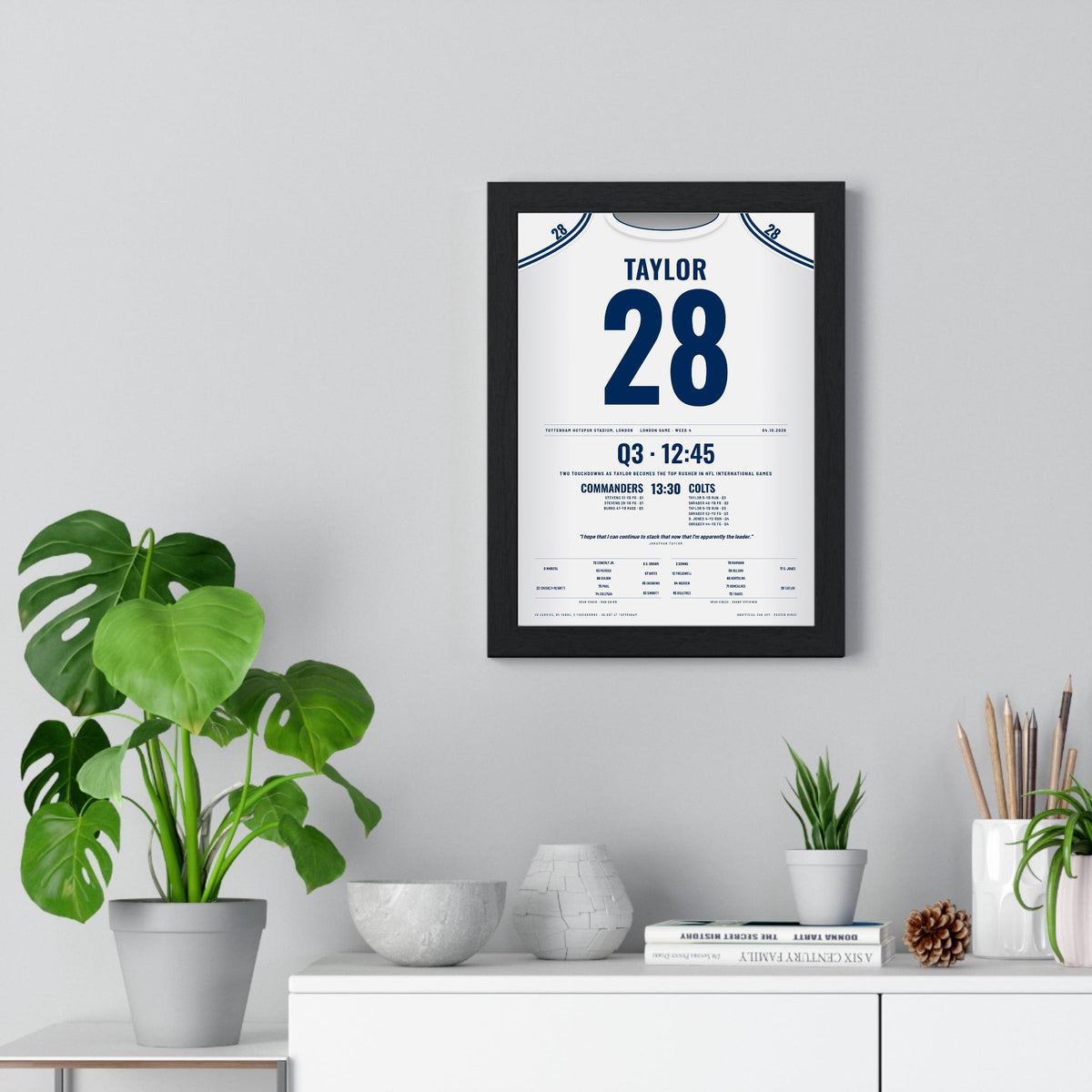 Indianapolis Colts London 2026 Poster - Jonathan Taylor 28 Tottenham v Commanders Jersey Print framed on a living room wall