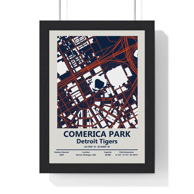 Comerica Park map print framed in a black frame, ready to hang