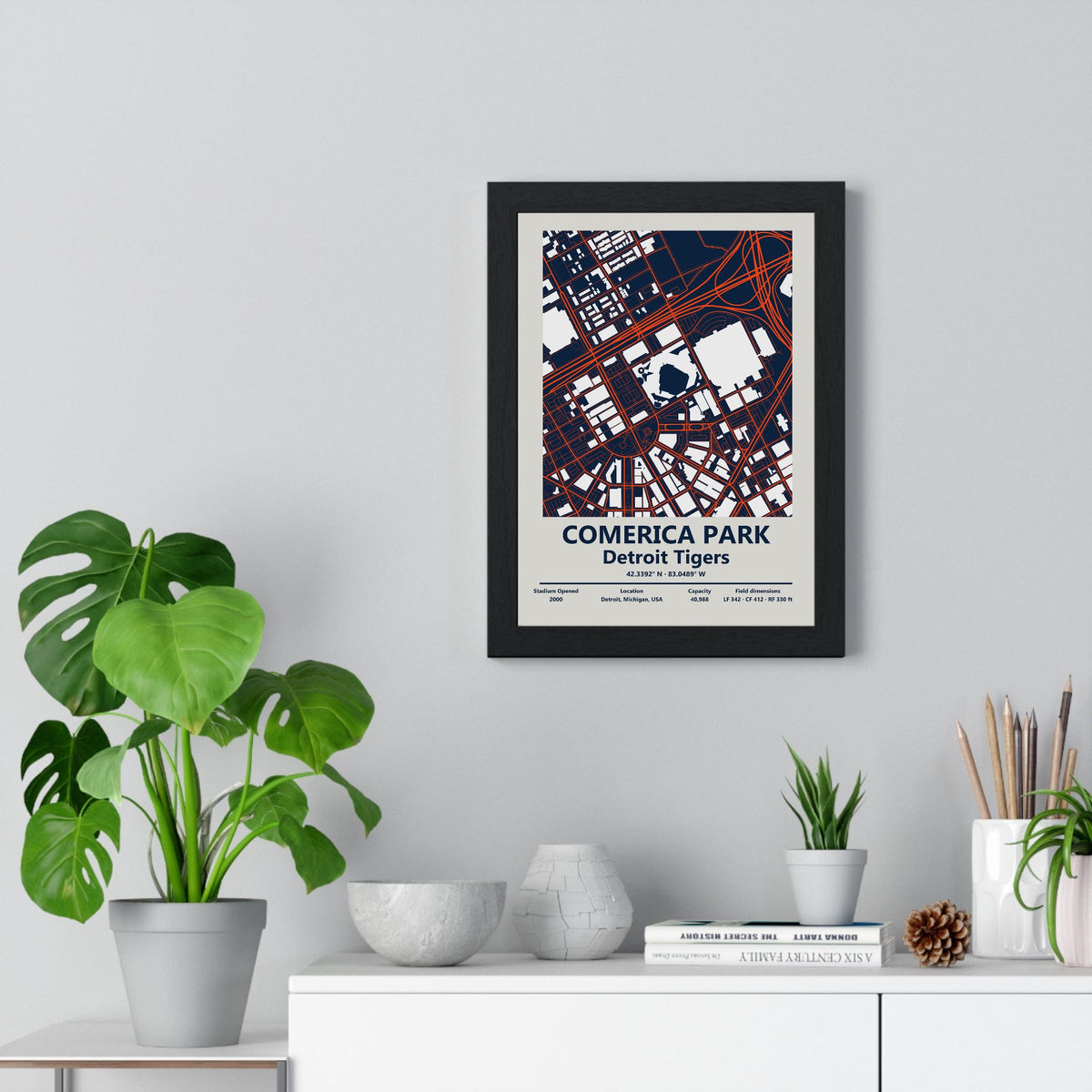 Comerica Park map print framed on a living room wall
