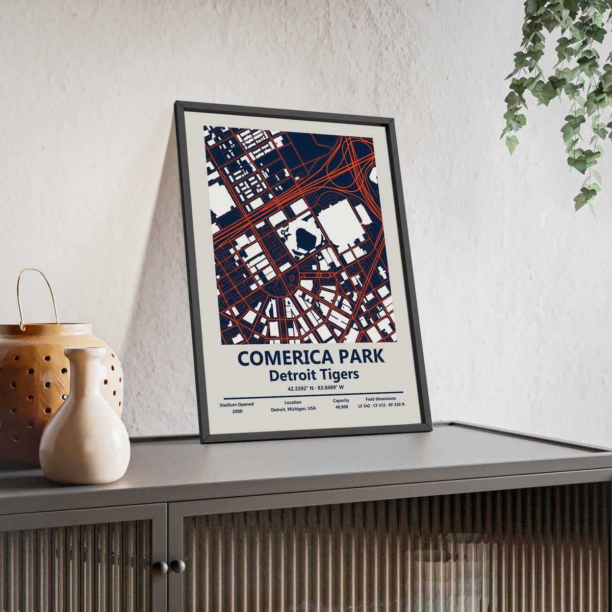 Comerica Park map print framed and leaning on a sideboard