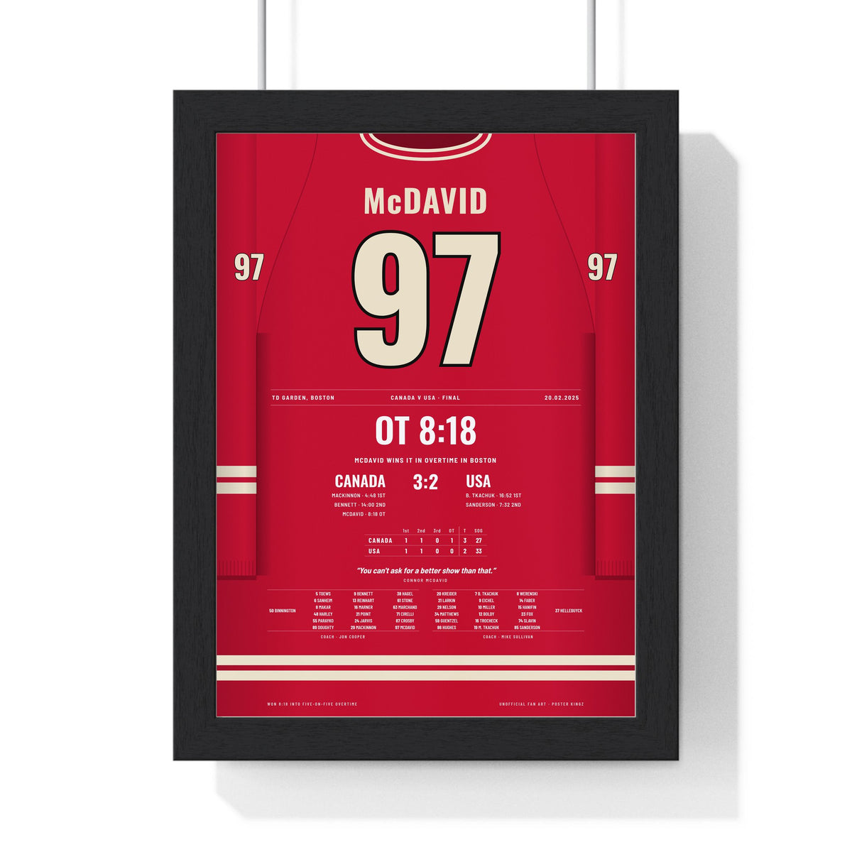 Connor McDavid 2025 Canada v USA Overtime Winner Poster - Canada 97 Hockey Jersey Print framed in a black frame, ready to hang