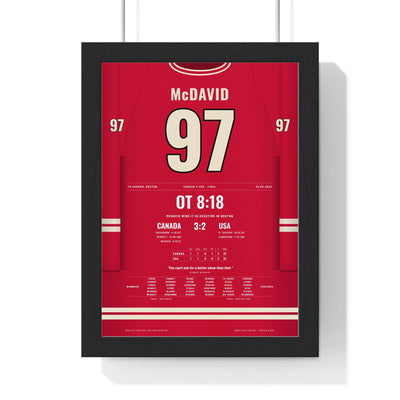 Connor McDavid 2025 Canada v USA Overtime Winner Poster - Canada 97 Hockey Jersey Print framed in a black frame, ready to hang