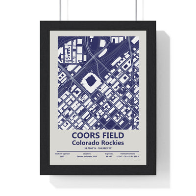 Coors Field map print framed in a black frame, ready to hang