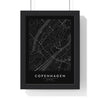 Copenhagen street map poster in black, minimal city map print framed in a black frame