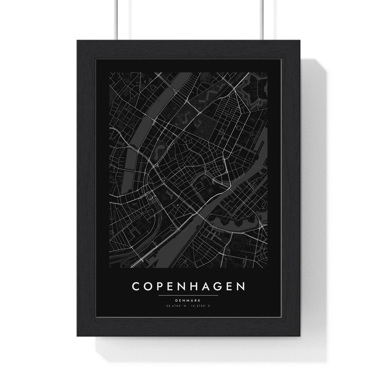 Copenhagen street map poster in black, minimal city map print framed in a black frame