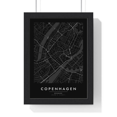 Copenhagen street map poster in black, minimal city map print framed in a black frame