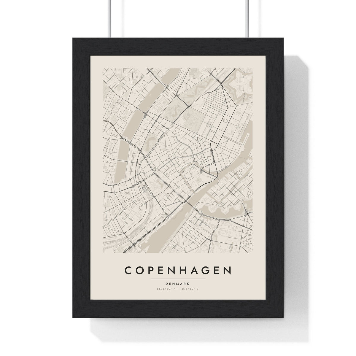 Copenhagen street map poster in cream, minimal city map print framed in a black frame