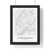 Copenhagen street map poster in white, minimal city map print framed in a black frame