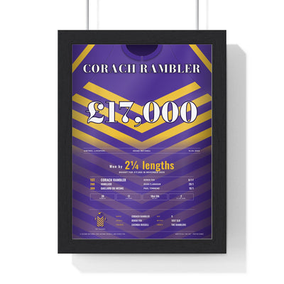 Corach Rambler Grand National 2023 Horse Racing Poster - £17,000 Winner Silks Print framed in a black frame, ready to hang