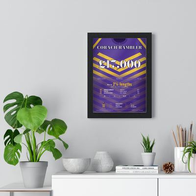 Corach Rambler Grand National 2023 Horse Racing Poster - £17,000 Winner Silks Print framed on a living room wall