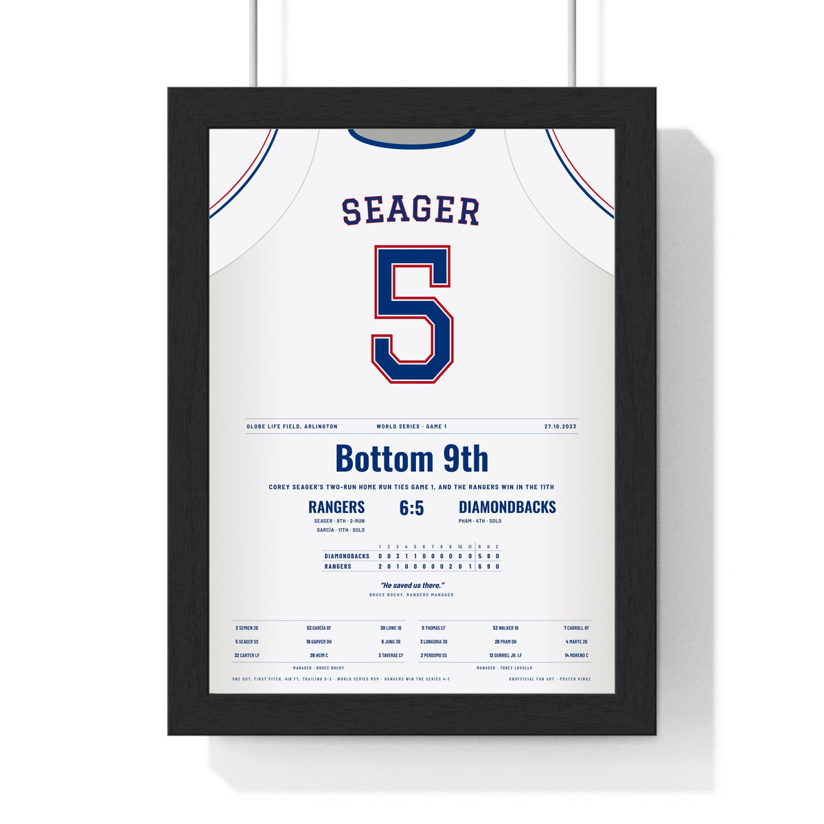 Corey Seager 2023 World Series Game 1 Home Run Poster - Texas Rangers 5 Jersey Print framed in a black frame, ready to hang