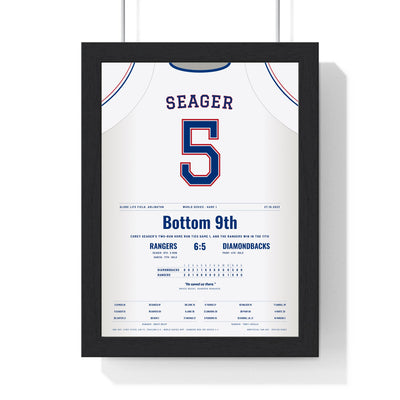 Corey Seager 2023 World Series Game 1 Home Run Poster - Texas Rangers 5 Jersey Print framed in a black frame, ready to hang