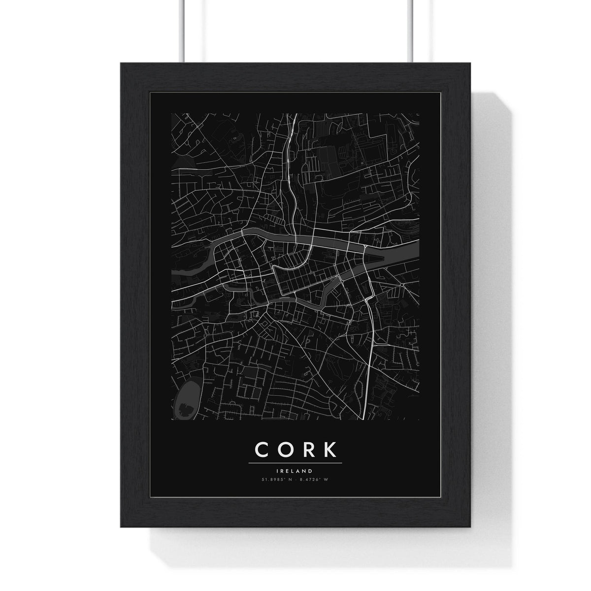 Cork street map poster in black, minimal city map print framed in a black frame