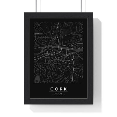 Cork street map poster in black, minimal city map print framed in a black frame