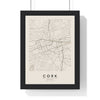 Cork street map poster in cream, minimal city map print framed in a black frame