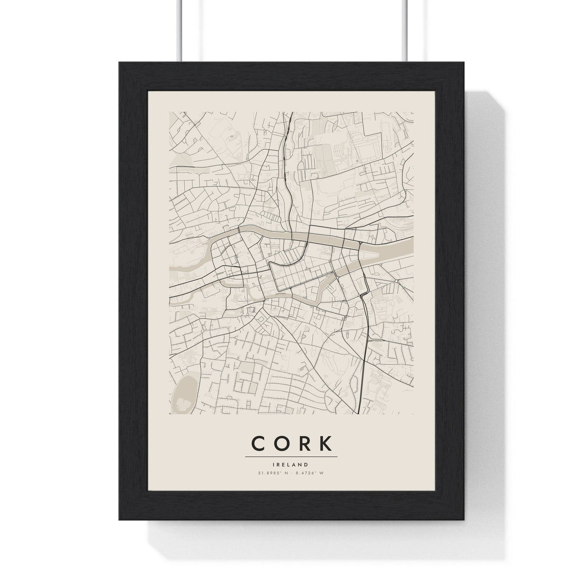 Cork street map poster in cream, minimal city map print framed in a black frame