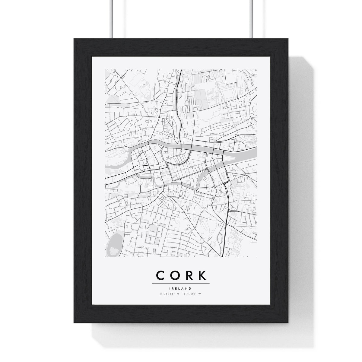 Cork street map poster in white, minimal city map print framed in a black frame