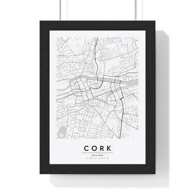 Cork street map poster in white, minimal city map print framed in a black frame