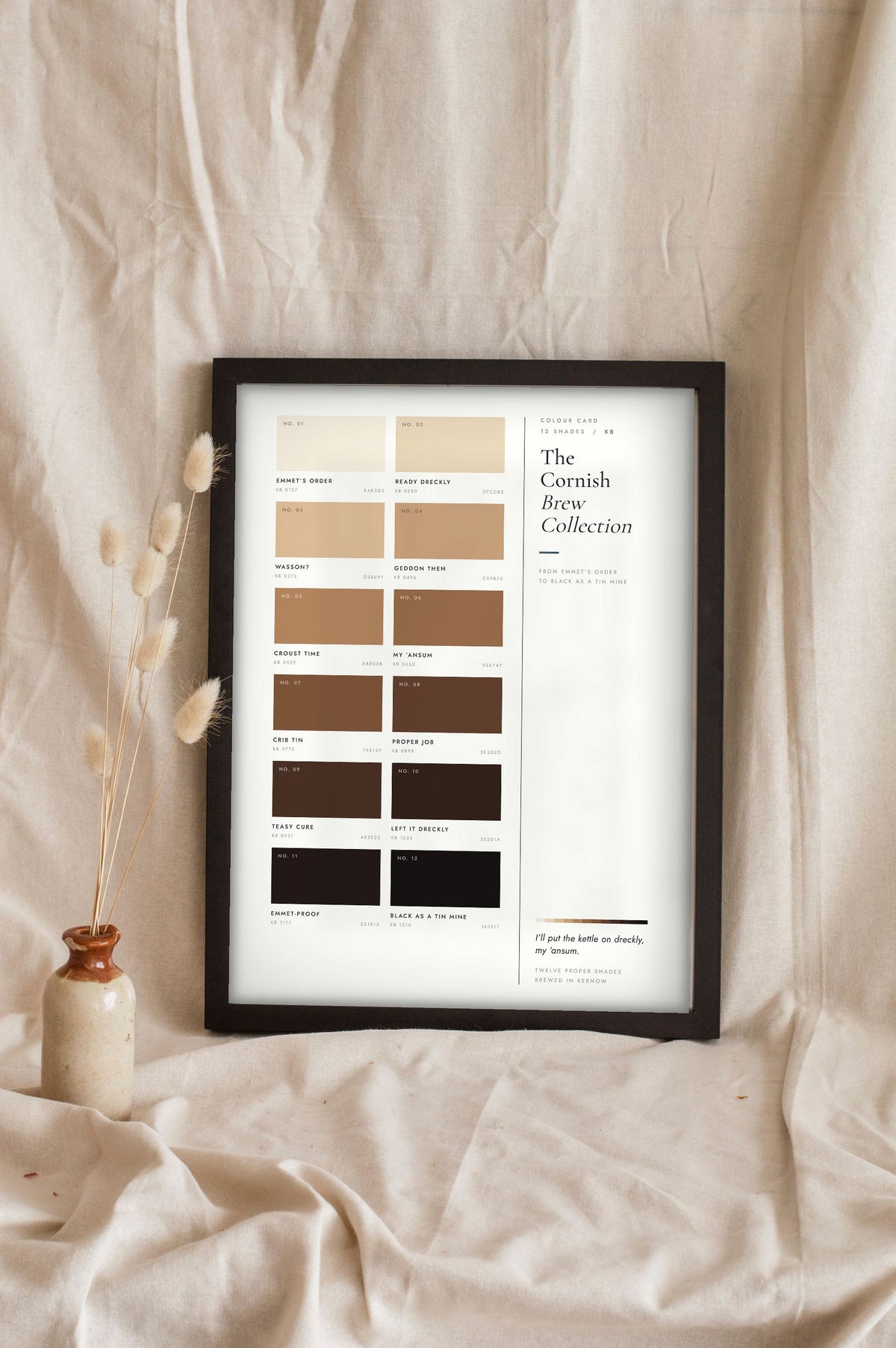 Cornish Brew Colour Chart in a black frame propped up on linen